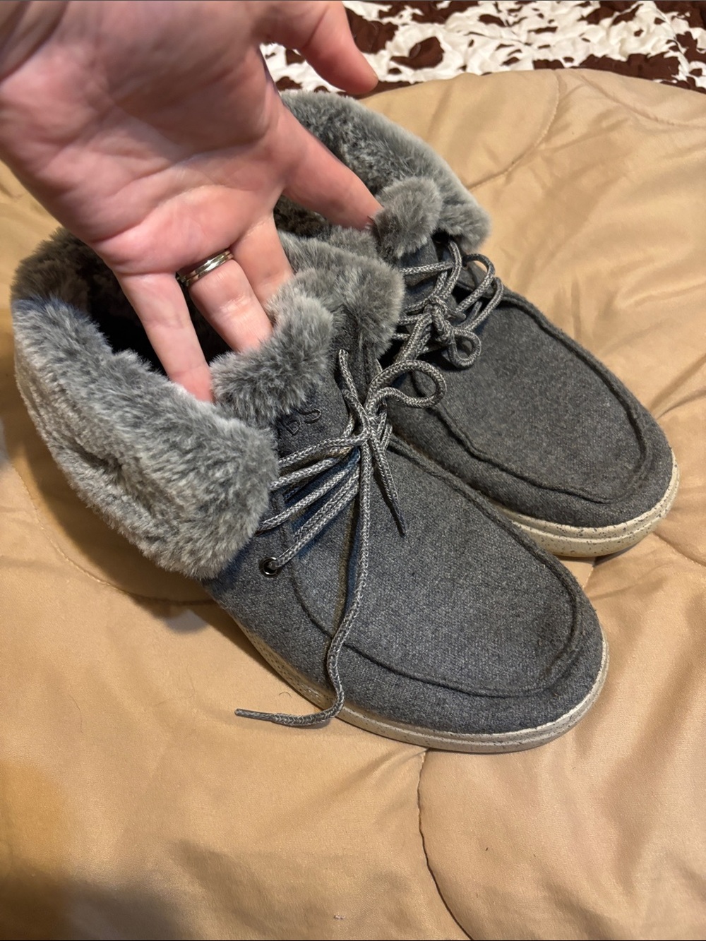 BOBS from Skechers Gray Faux-Fur Lined Slip-On Lace Slippers